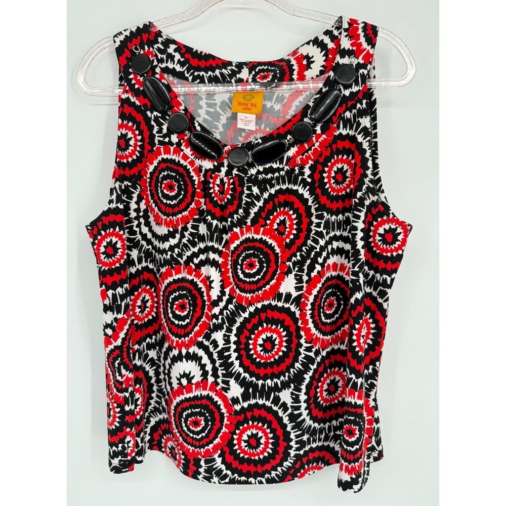 Ruby‎ Rd Petite Womens Red Black White Medallion Beaded Sleeveless Top Sz PL